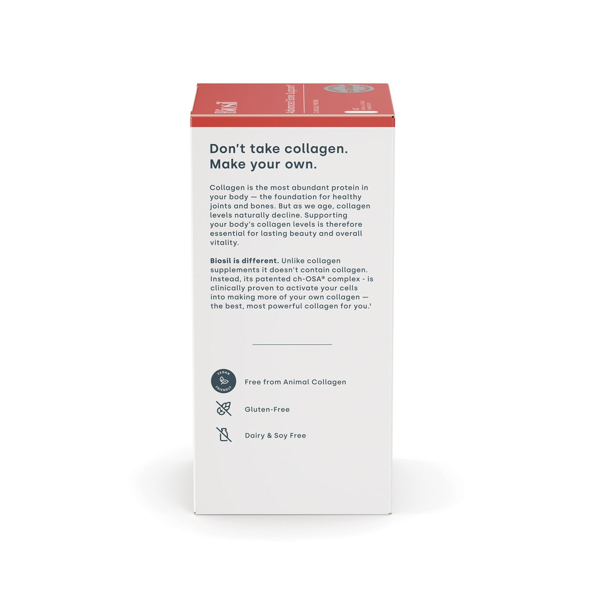 NFC170 | Biosil supplement box side panel with collagen benefits and vegan, gluten-free, dairy-free claims