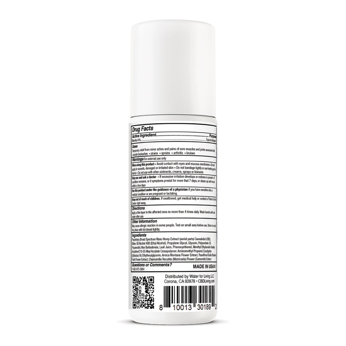 CBD039 | Back of bottle with Drug Facts panel that includes active ingredients, uses, warnings, directions, and ingredients