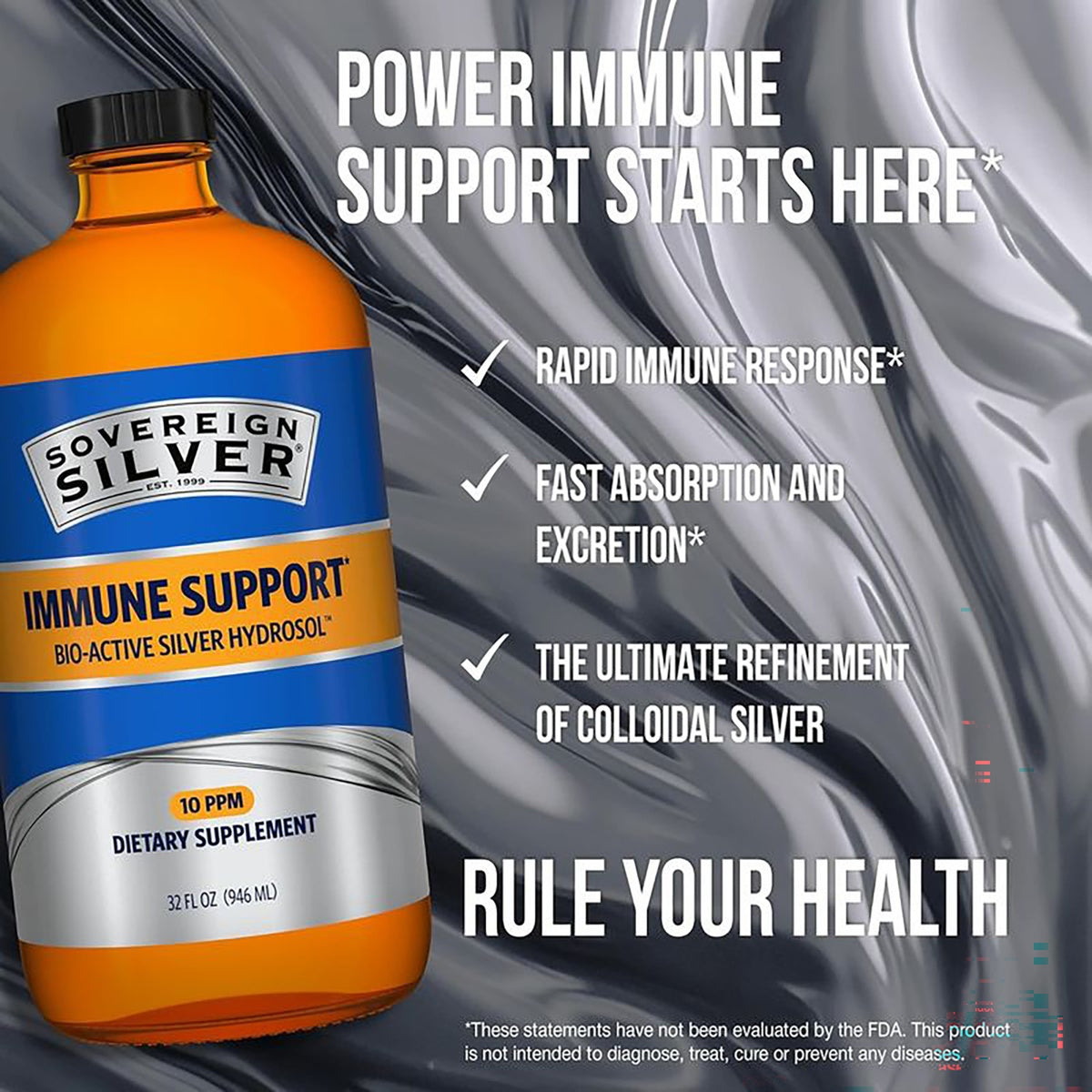 SSL010 | Sovereign Silver Immune Support 10 PPM dietary supplement bottle with immunity benefit claims