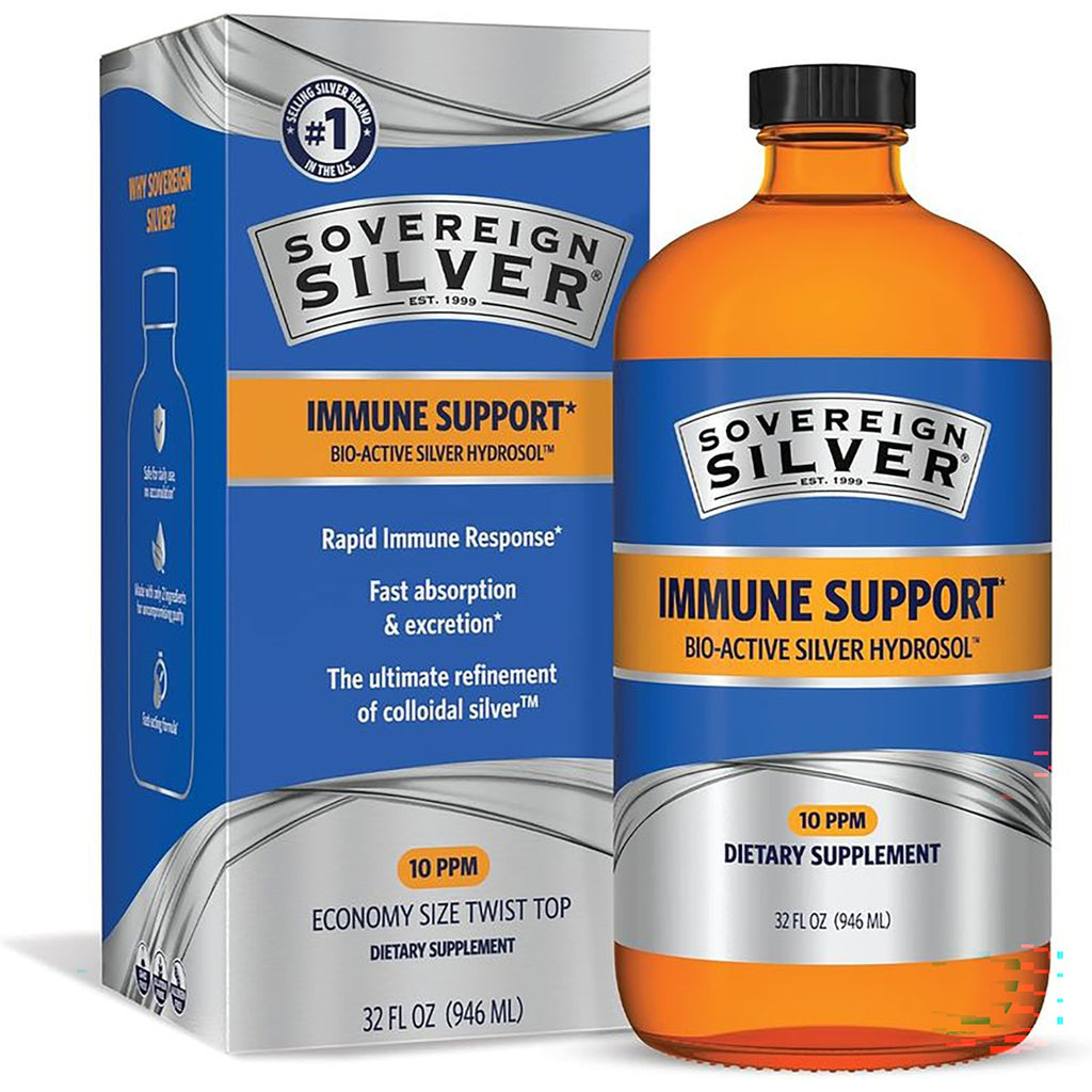 SSL010 | Sovereign Silver Bio-Active Silver Hydrosol Daily+ Immune Support 10 PPM, 32 fl oz bottle and box - Thumbnail