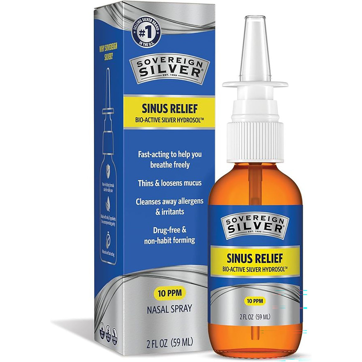 SSL005 | Sovereign Silver Natural Nasal Spray box front, Bio-Active Silver Hydrosol, Sinus Relief, 10 PPM, 2 fl oz