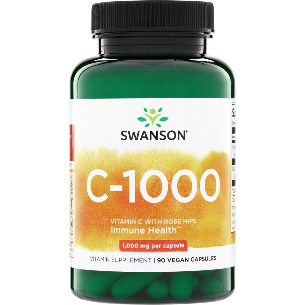 SW2002 | Bottle of Swanson C-1000 vitamin C with rose hips, 1,000 mg per capsule, 90 vegan capsules - Thumbnail
