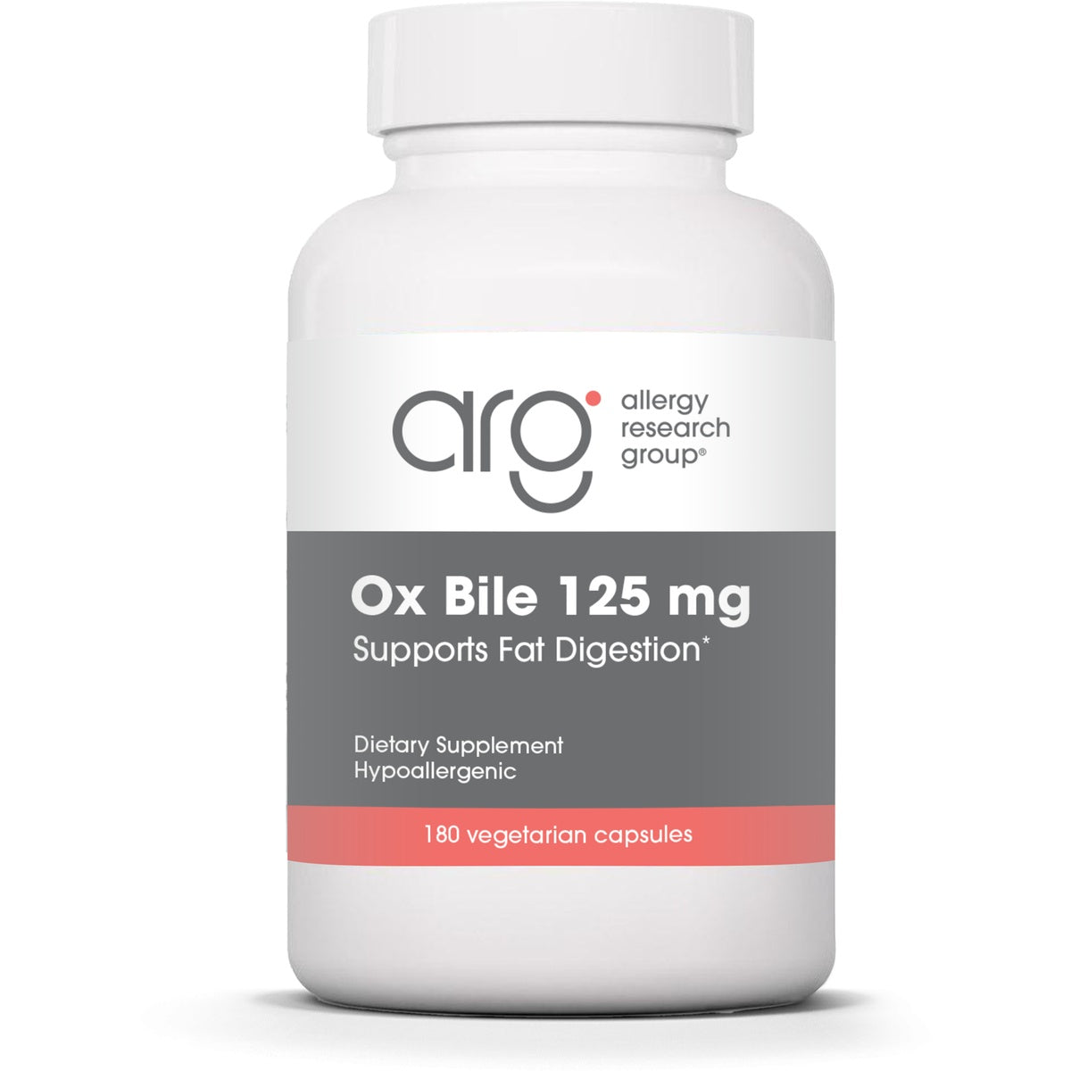 ARG078 | White bottle of AllergyResearchGroup Ox Bile 125 mg dietary supplement, hypoallergenic, 180 vegicaps