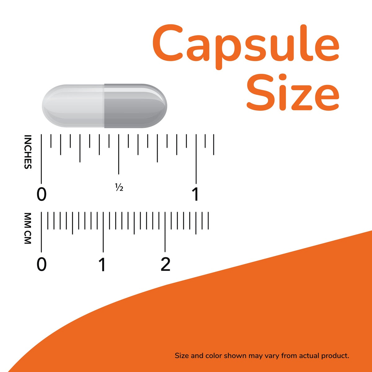 NWF098 | Capsule size illustration labeled Capsule Size with gray capsule and inch and mm rulers