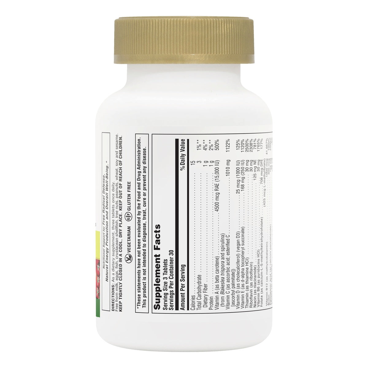 NTP202 | Back of white supplement bottle with gold cap showing Supplement Facts panel