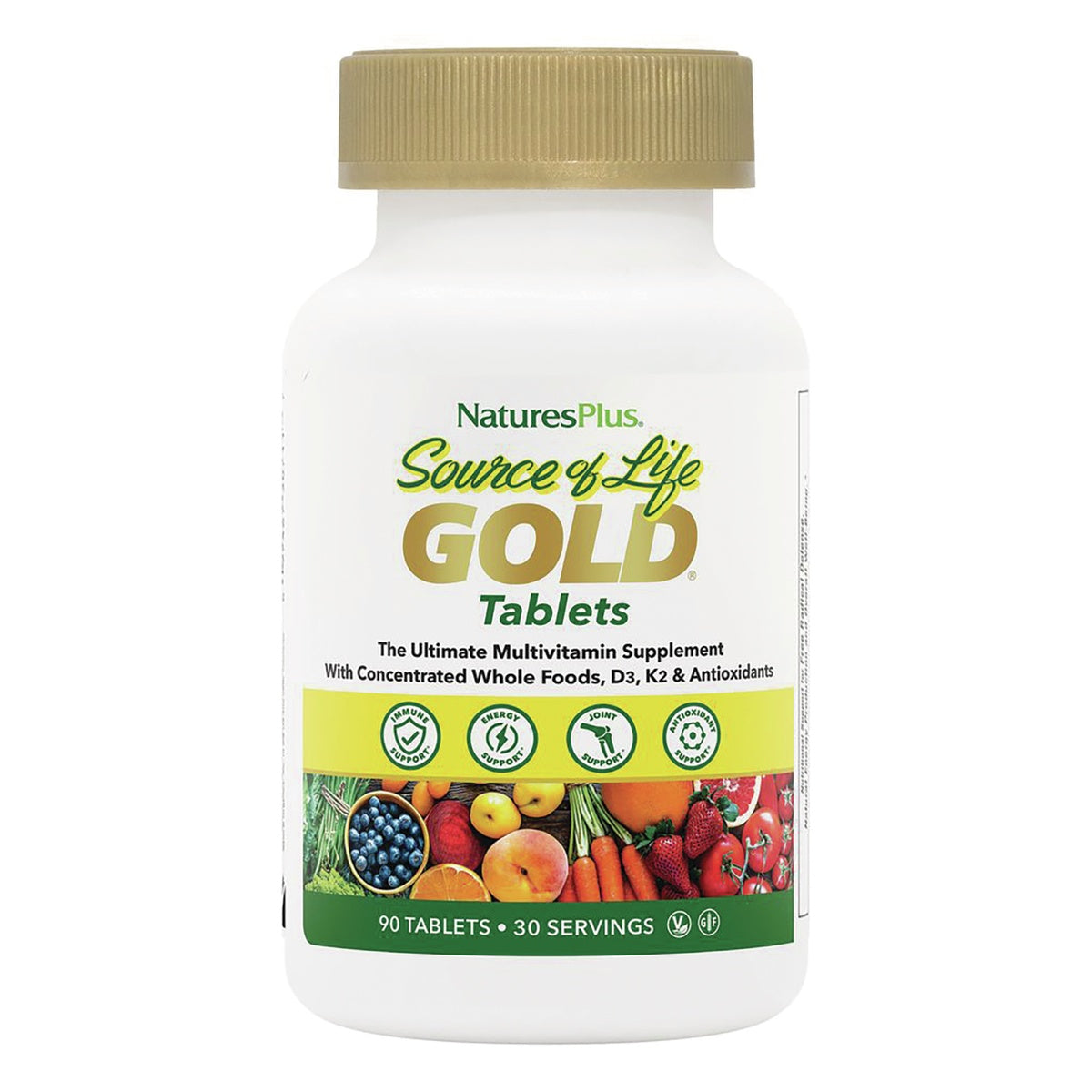 NTP202 | NaturesPlus Source of Life GOLD Tablets white bottle with gold cap multivitamin label 90 tablets
