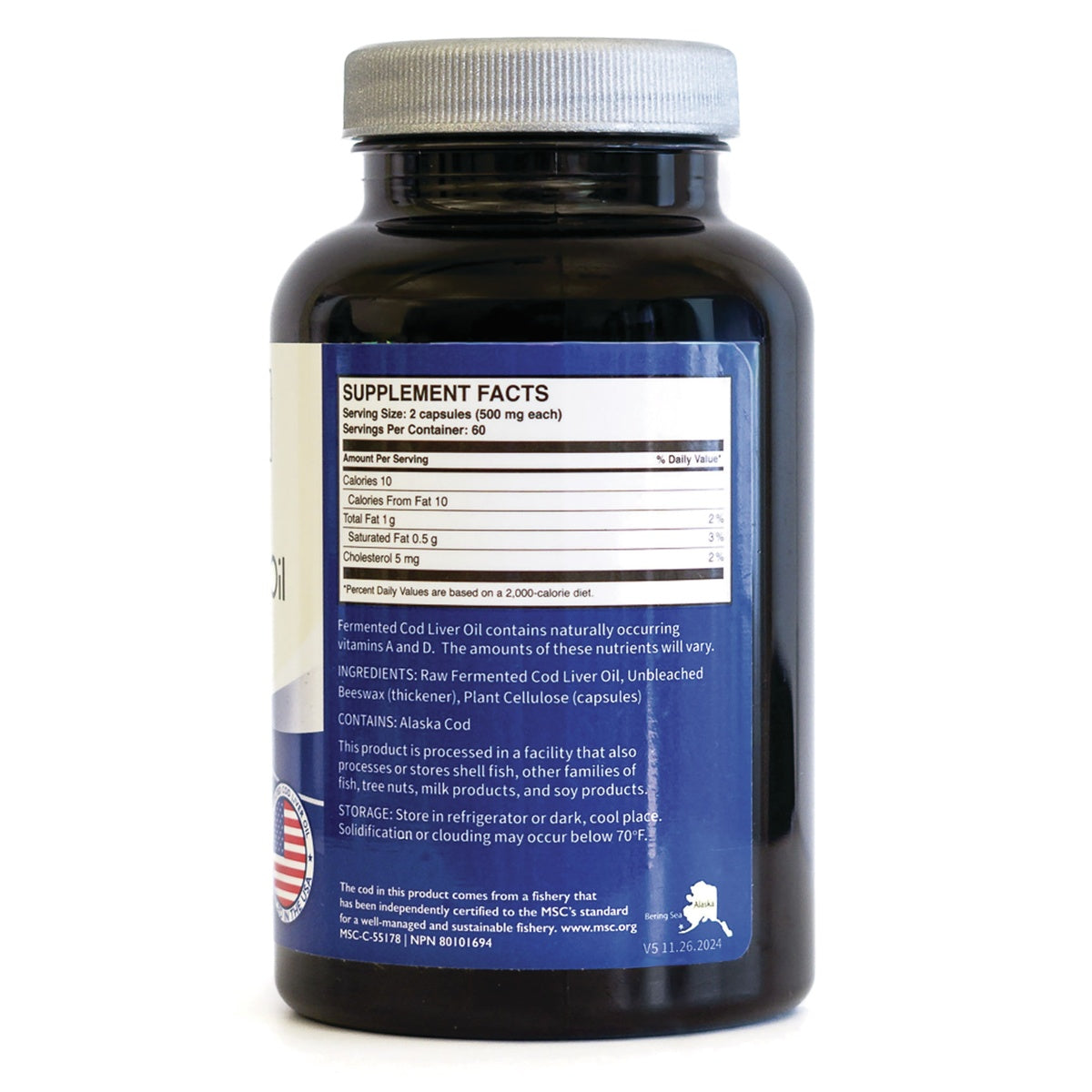 GRP016 | Back label of a fermented cod liver oil supplement bottle with Supplement Facts and ingredients