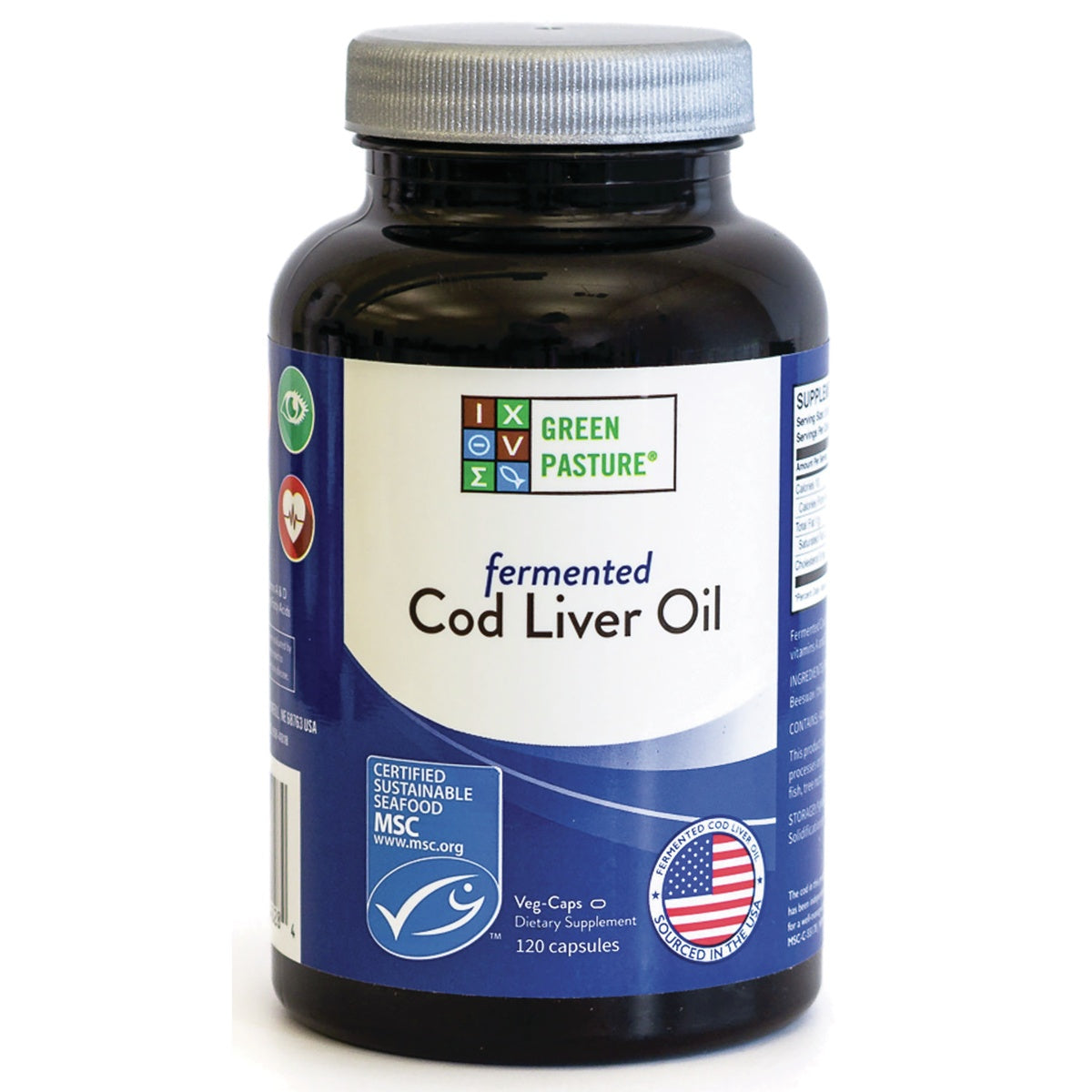 GRP016 | Green Pasture fermented cod liver oil dietary supplement bottle with 120 capsules