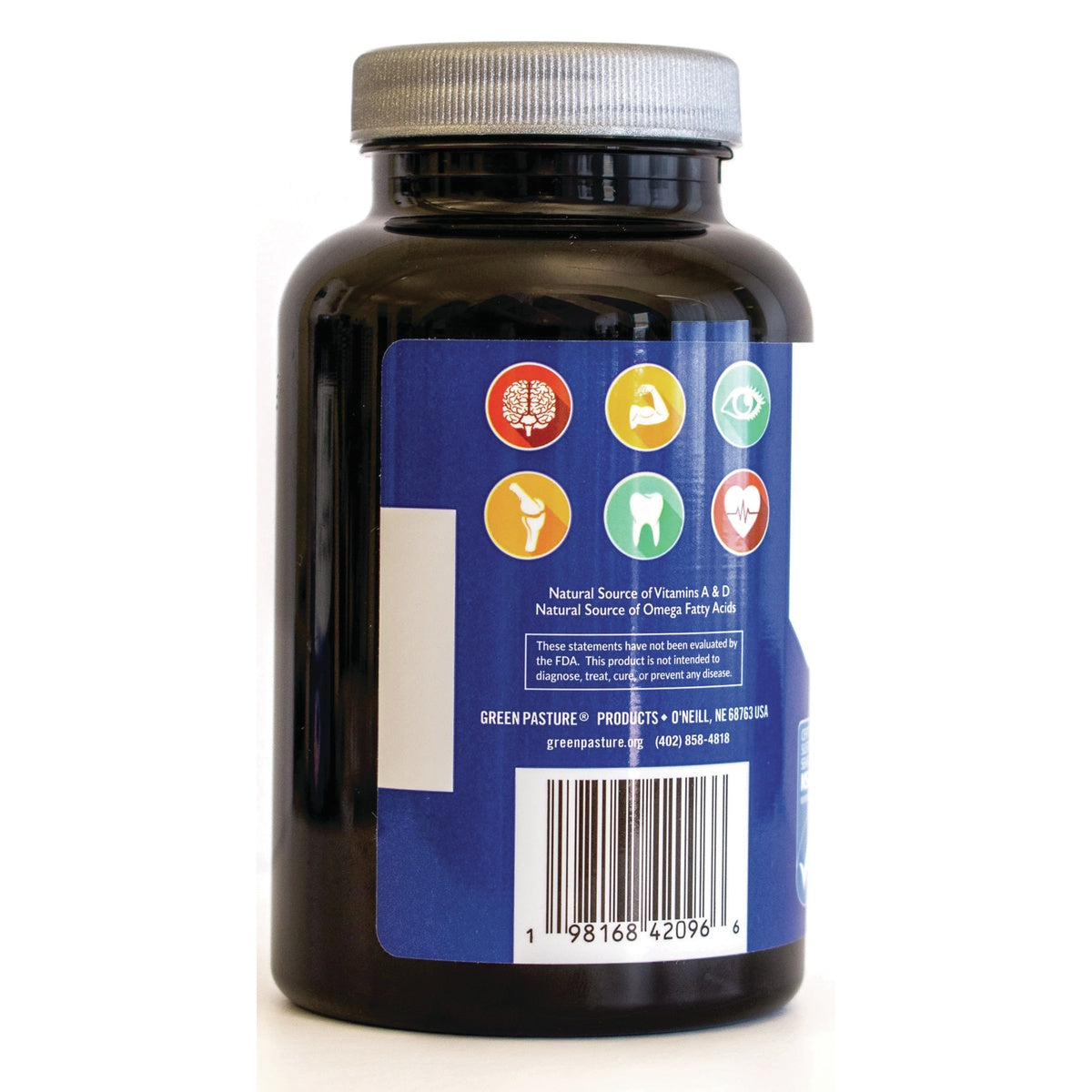 GRP016 | Green Pasture Products supplement bottle back label with icons, product claims, and barcode