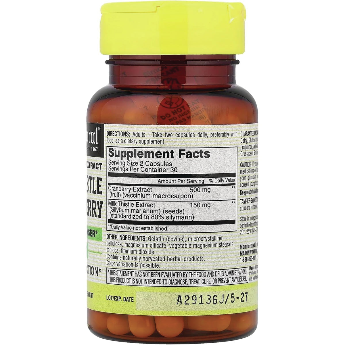 MSN058 | Bottle of cranberry extract and milk thistle capsules with supplement facts label