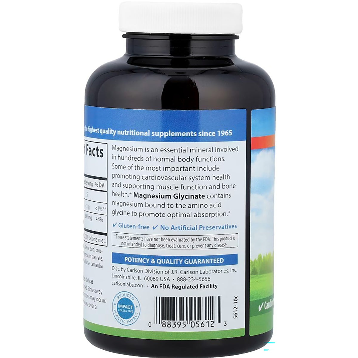 CSN314 | Back label of supplement bottle showing facts panel, product description, potency & quality guaranteed statement and barcode