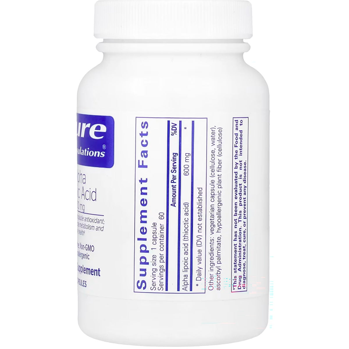 PRN115 | Bottle of Alpha Lipoic Acid supplement showing the Supplement Facts panel