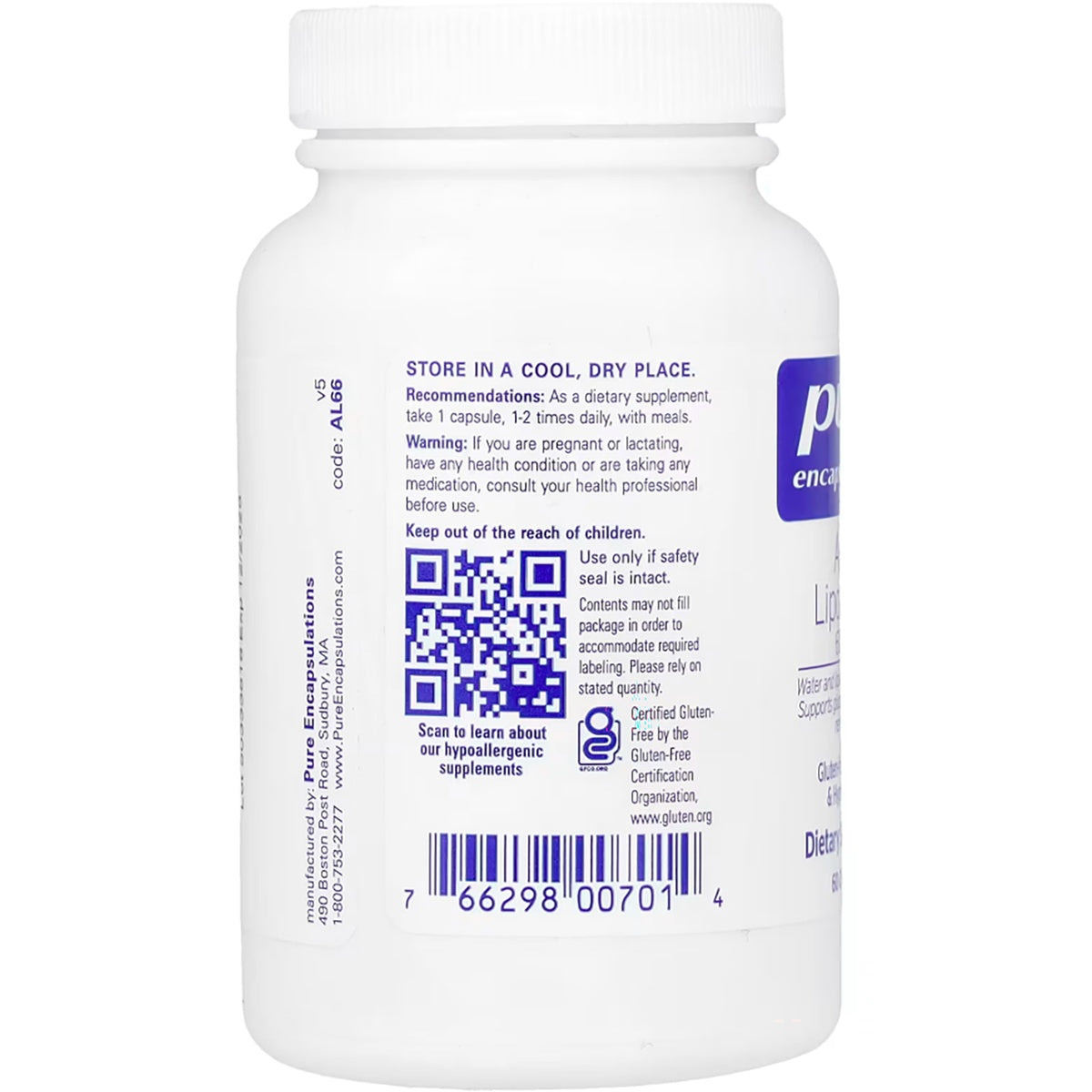 PRN115 | Back label of a Pure Encapsulations dietary supplement bottle with storage, warning, QR code, and barcode