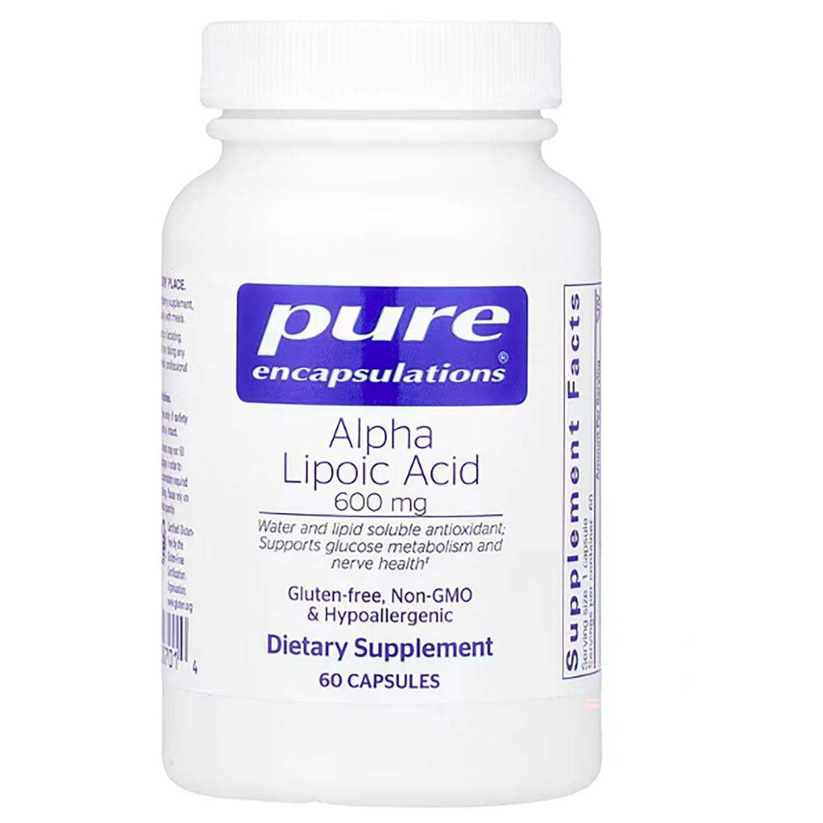 PRN115 | Pure Encapsulations Alpha Lipoic Acid 600 mg white supplement bottle labeled 60 capsules