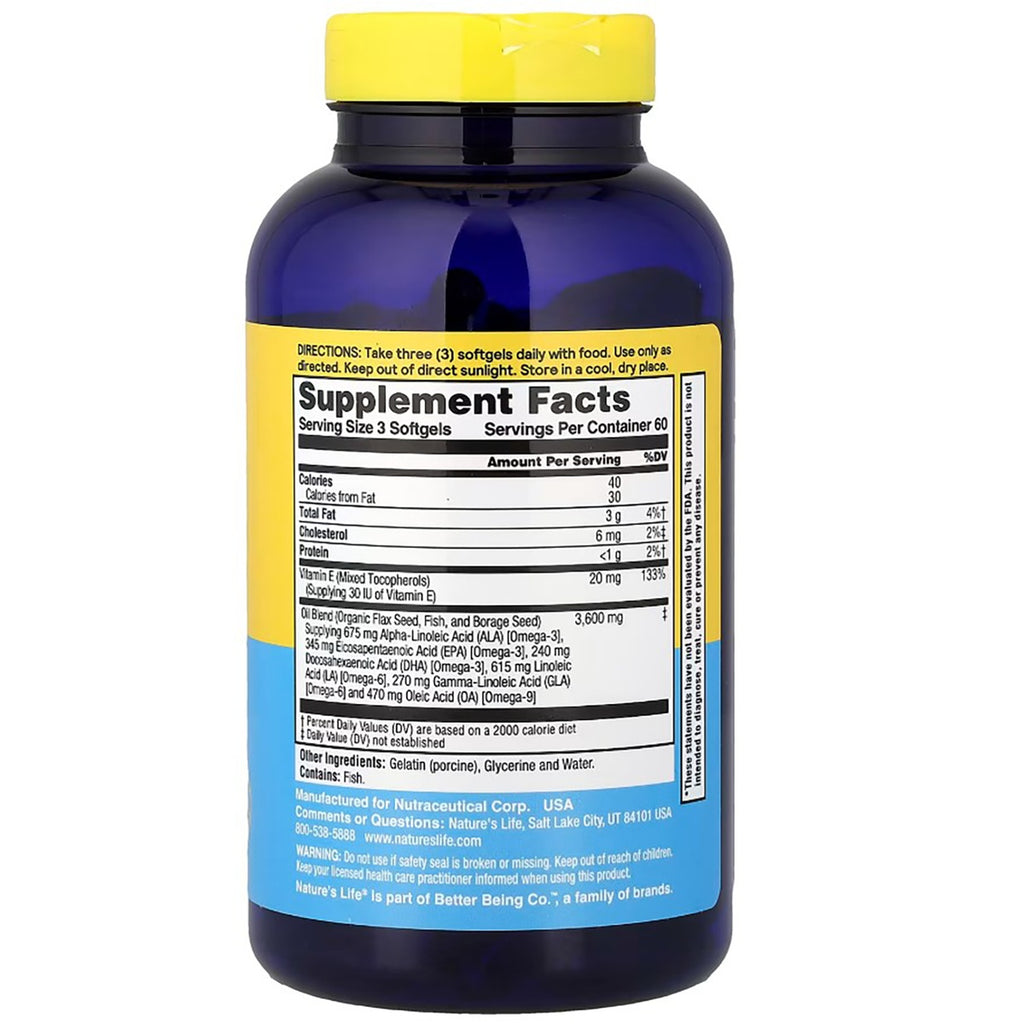 HS029 | back label of blue bottle showing supplement facts, nutrition panel and other ingredients for omega oil softgels - Thumbnail