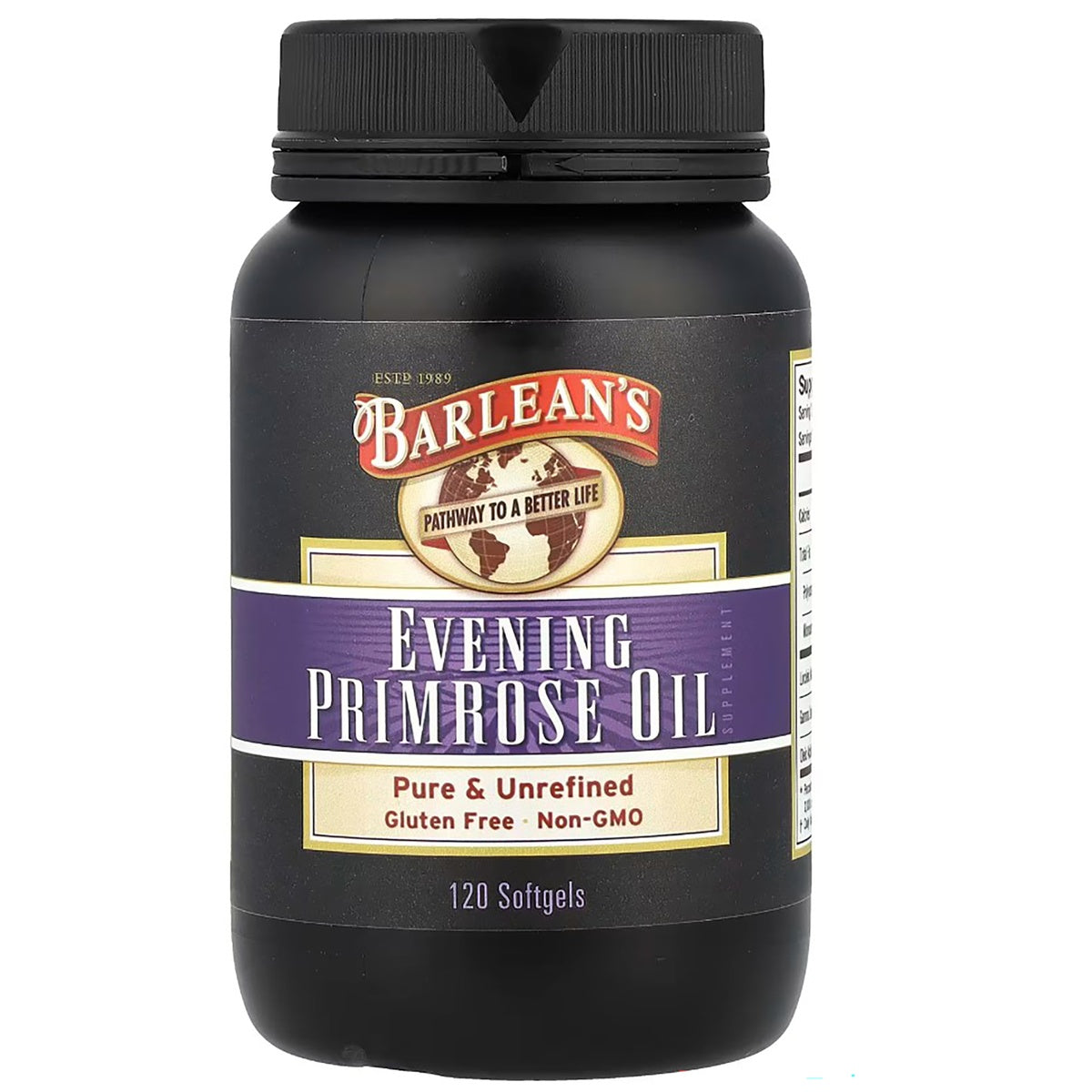 BAR044 | Barlean's Evening Primrose Oil bottle, 120 softgels, label reads Pure & Unrefined Gluten Free Non-GMO