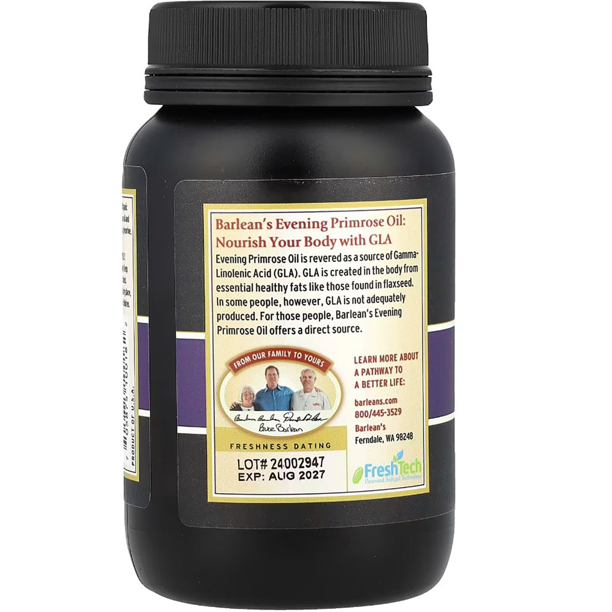 BAR044 | Barlean's Evening Primrose Oil bottle with freshness dating and label details