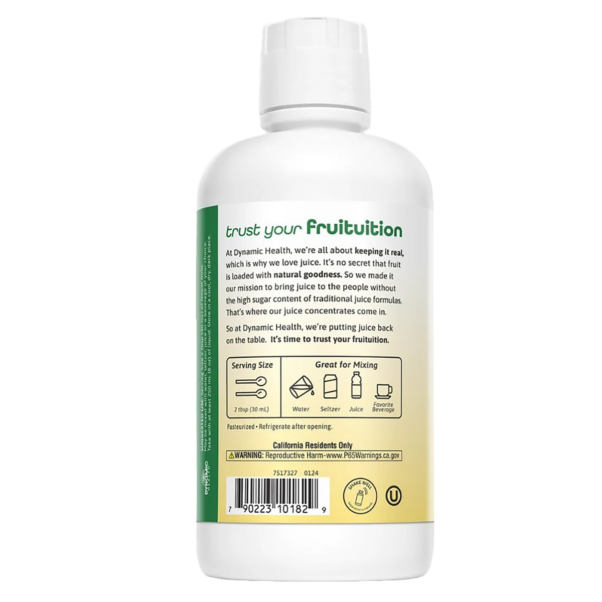 DYH027 | Back label of Dynamic Health fruit juice concentrate with serving and mixing instructions