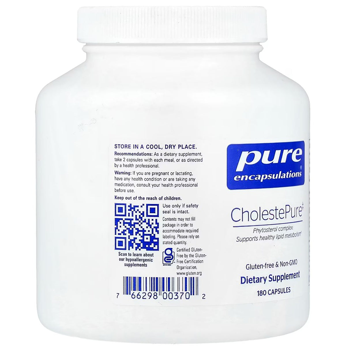 PRN165 | Back label of Pure Encapsulations CholestePure dietary supplement bottle with warnings and barcode