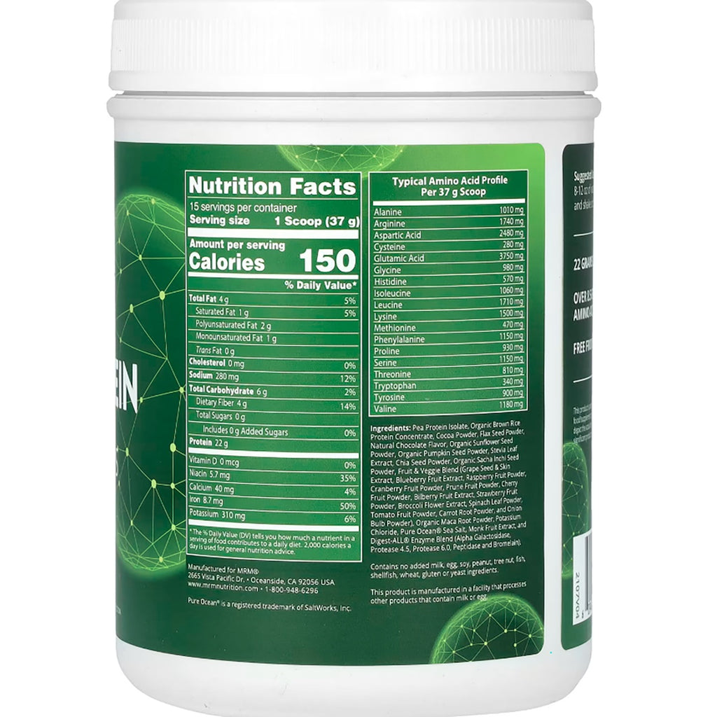 MRM016 | Back label of protein powder showing nutrition facts, amino acid profile, ingredients, and warnings - Thumbnail