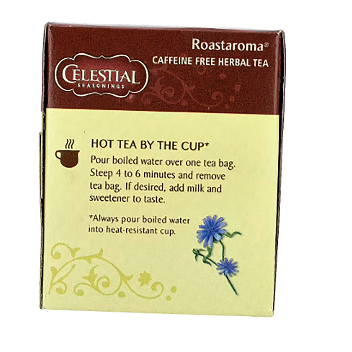CEL007 | Celestial Seasonings Roastaroma caffeine free herbal tea box with hot tea brewing instructions