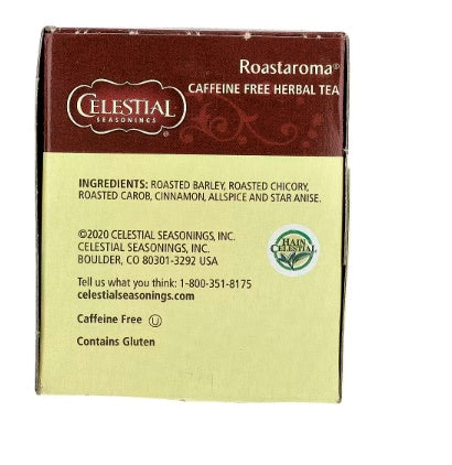 CEL007 | Back of Roastaroma caffeine free herbal tea box with ingredients and contact details - Thumbnail
