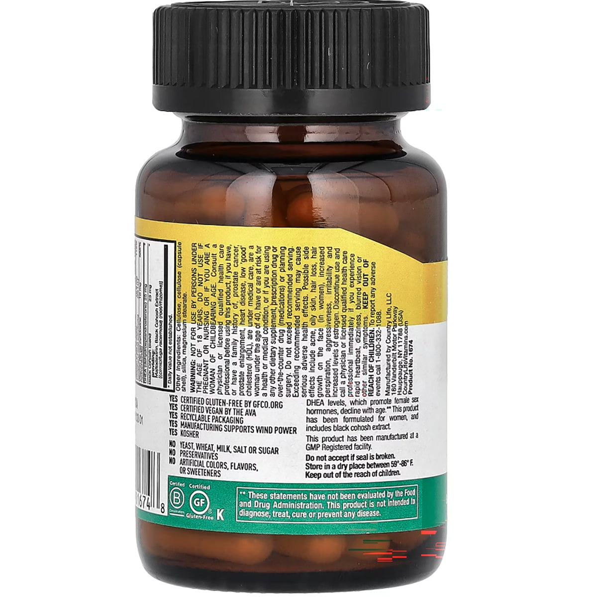 CRL564 | Back view of amber supplement bottle with yellow and green label, showing product information and warnings