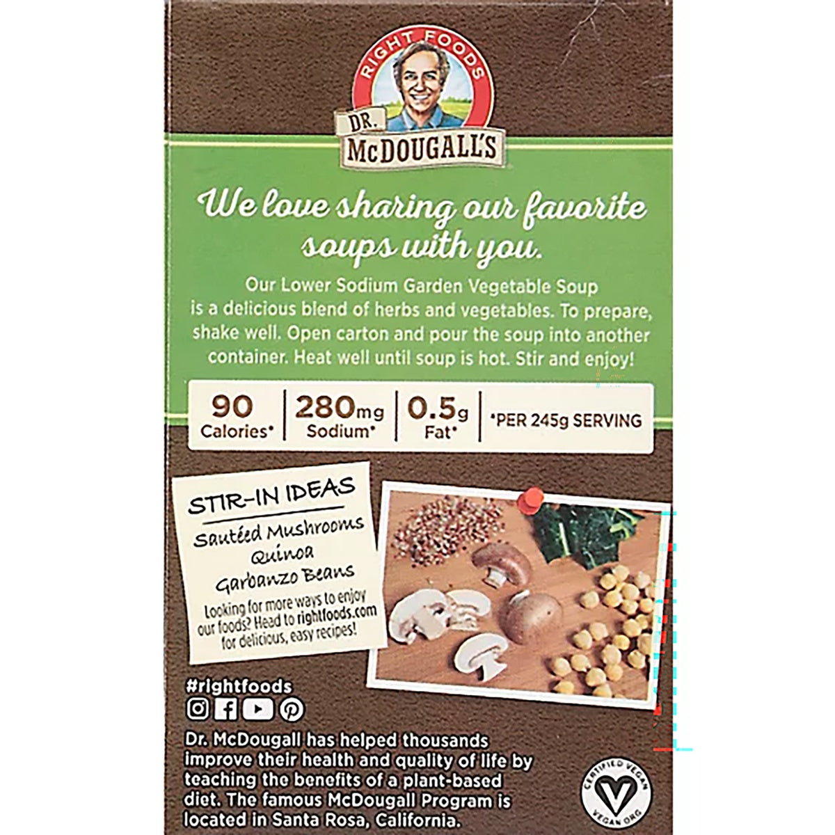 DMD014 | Dr. McDougall's Lower Sodium Garden Vegetable Soup carton back with serving facts and stir-in ideas