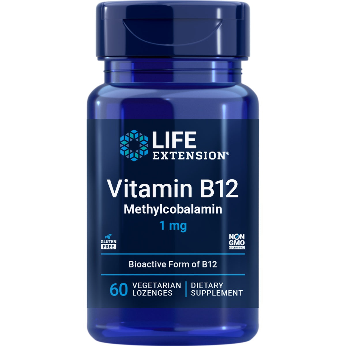 LE339 | Blue bottle labeled LIFE EXTENSION Methyl-Cobalamin 1 mg, 60 vegetarian lozenges dietary supplement