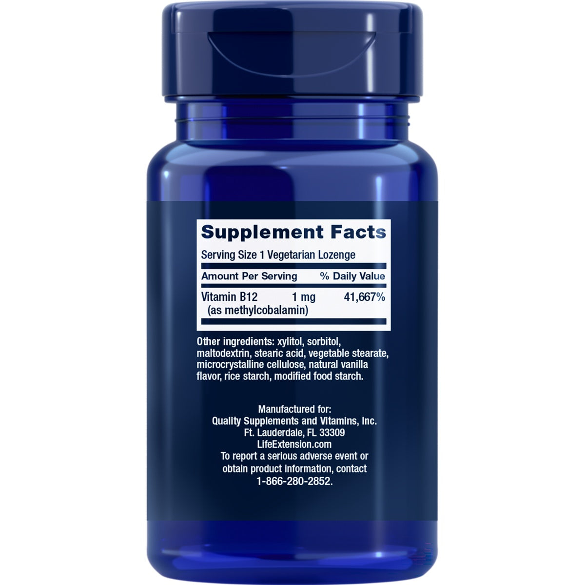 LE339 | Back label showing Supplement Facts for Vitamin B12 lozenge
