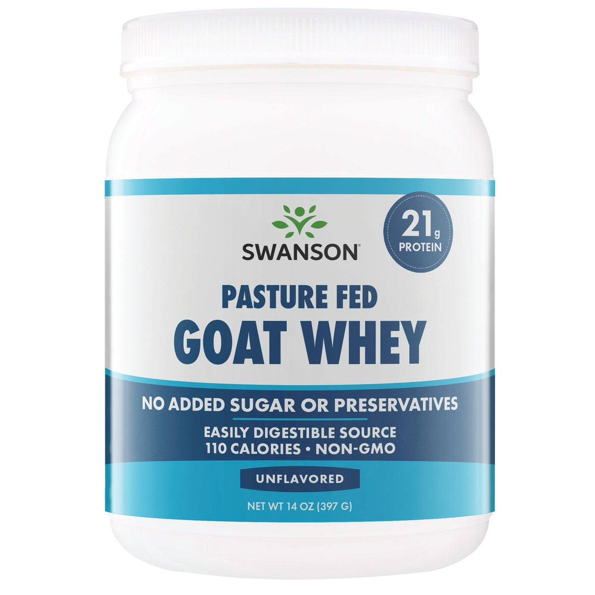 SWU891 | Swanson Goat Whey Protein Concentrate Powder, unsweetened, 14 oz; 21g protein, pasture fed, no added sugar