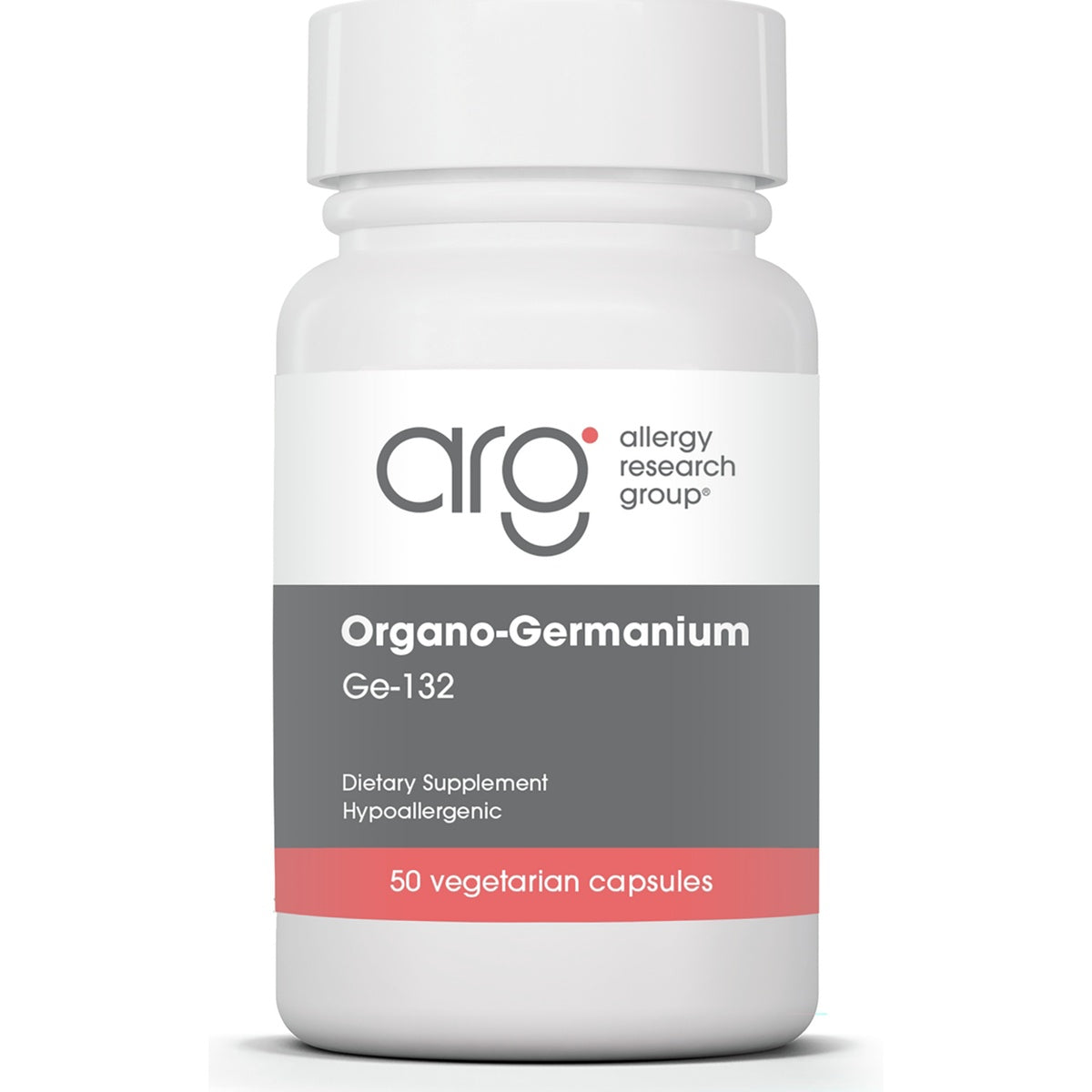 ARG052 | White supplement bottle with blue label reading Organo-Germanium Ge-132, hypoallergenic, 50 vegetarian capsules
