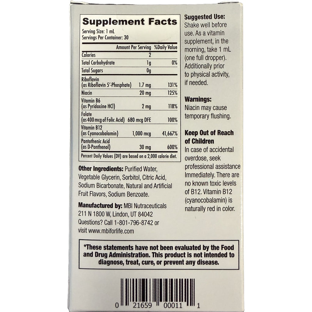 SUB001 | Supplement facts and directions panel for a liquid vitamin B-complex supplement with warnings and barcode - Thumbnail