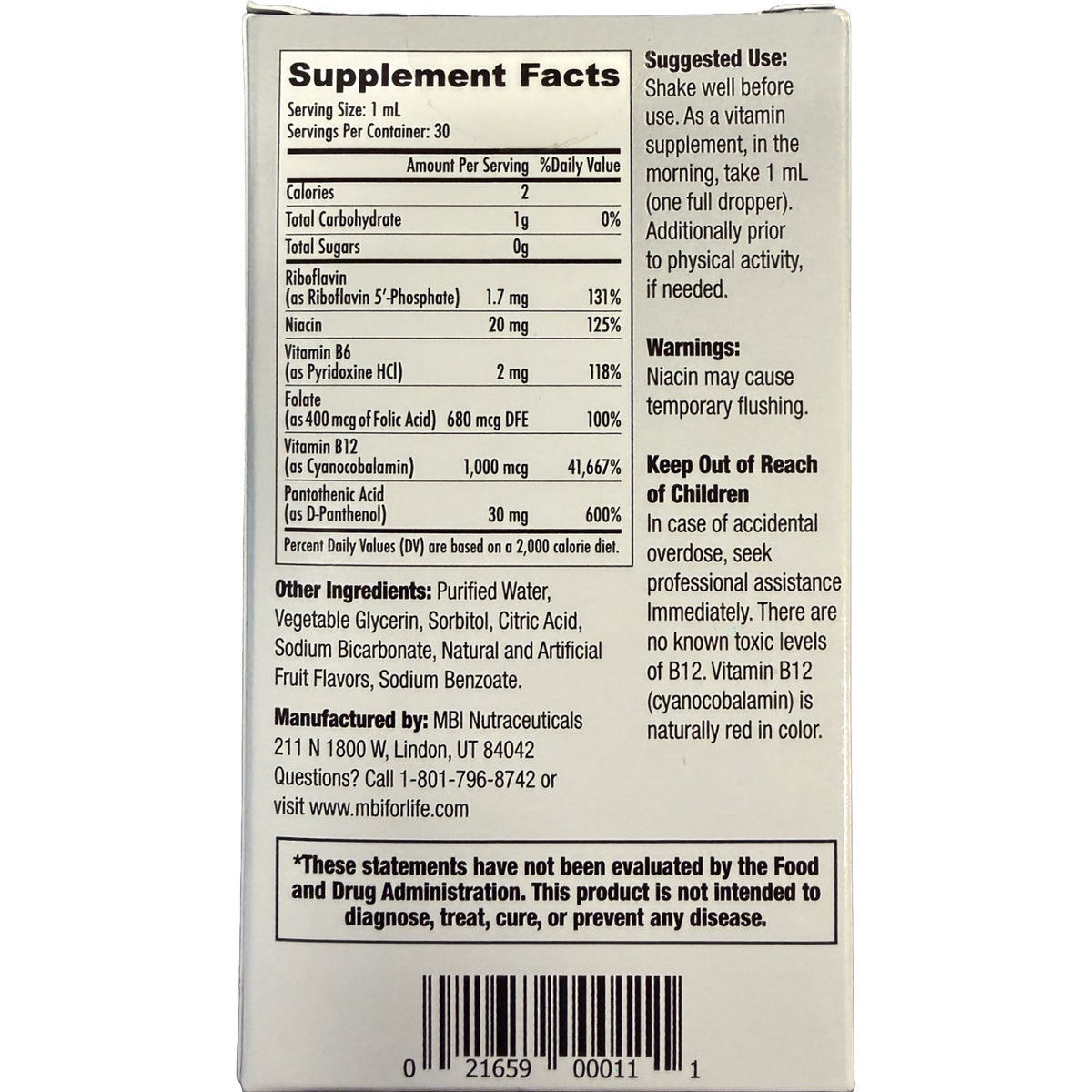SUB001 | Supplement facts and directions panel for a liquid vitamin B-complex supplement with warnings and barcode