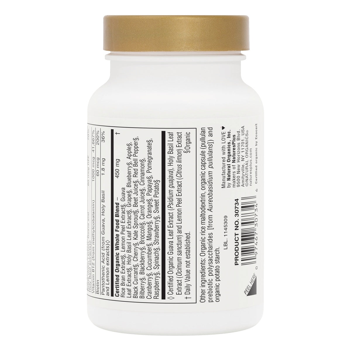 NTP328 | White supplement bottle showing the back label with ingredients, product number, barcode, and peel here tab