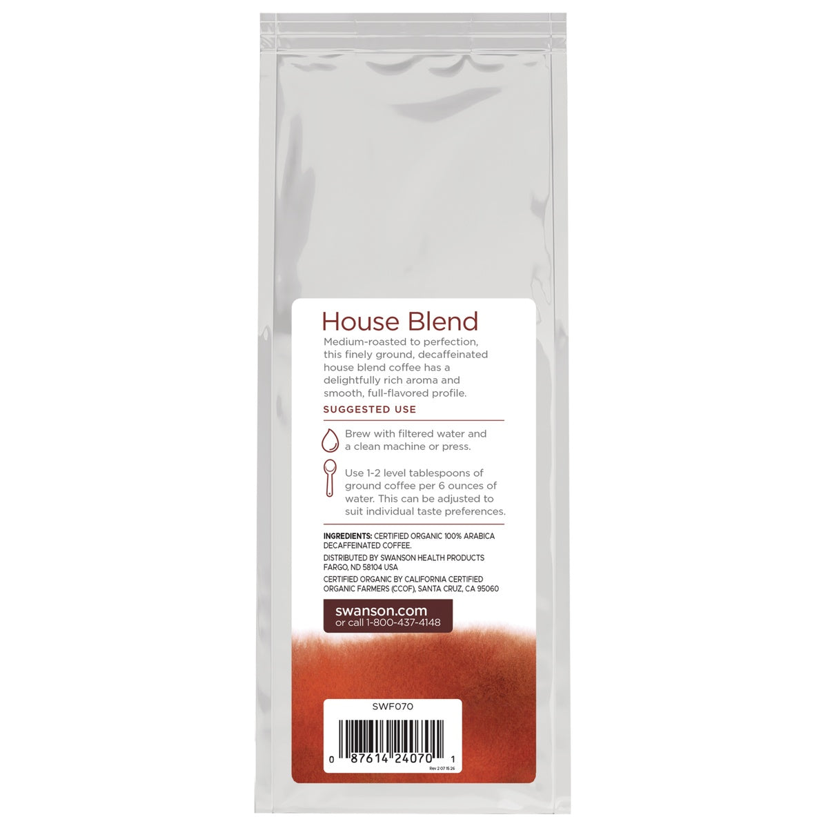 SWF070 | Back of House Blend decaf ground coffee bag with suggested use panel and barcode