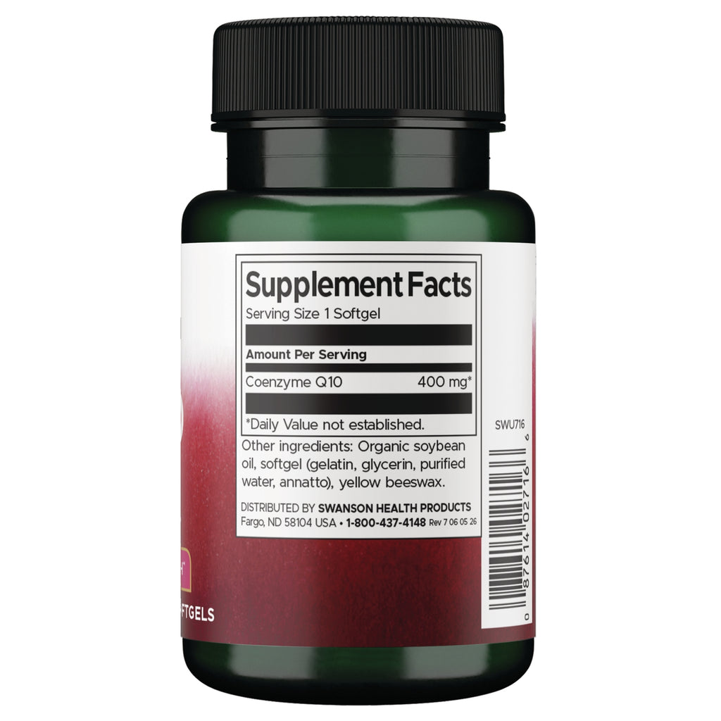 SWU716 | Back of supplement bottle showing Supplement Facts panel with Coenzyme Q10 400 mg - Thumbnail