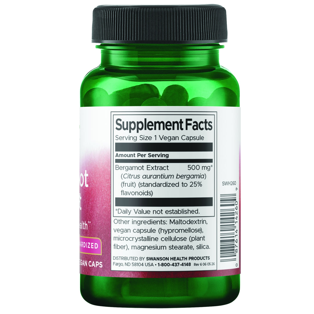 SWH260 | Back label showing Supplement Facts: Bergamot Fruit Extract 500 mg, ingredients and barcode - Thumbnail