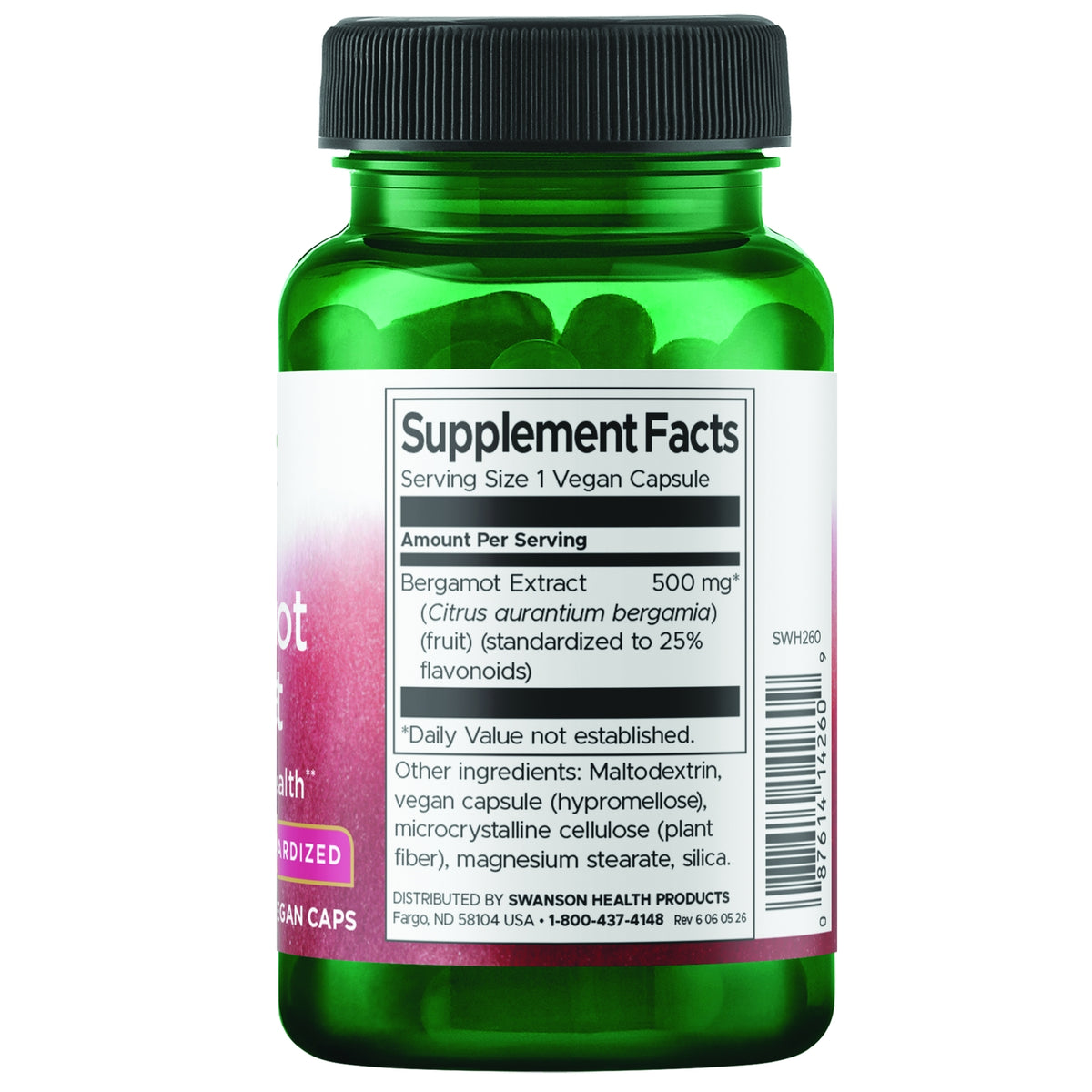 SWH260 | Back label showing Supplement Facts: Bergamot Fruit Extract 500 mg, ingredients and barcode