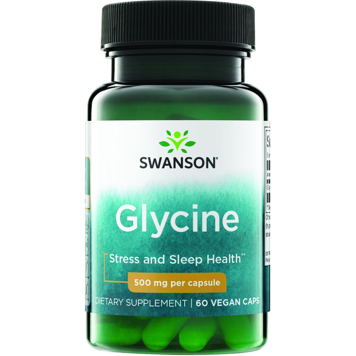 SWU509 | Swanson Glycine supplement bottle, 500 mg per capsule, 60 veggie caps, Stress and Sleep Health, Featuring AjiPure
