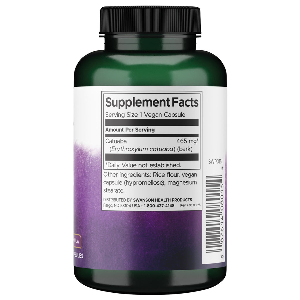Back label Supplement Facts for Catuaba 465 mg per vegan capsule; other ingredients listed, barcode visible - Thumbnail