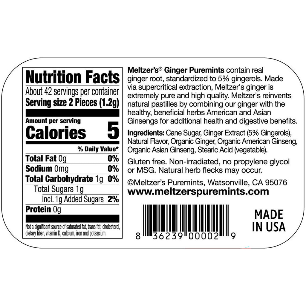 MLZ002 | Nutrition Facts label: serving size 2 pieces, Calories 5, Total Fat 0 g, Total Carb 1 g, Sugars 1 g, ingredients listed - Thumbnail