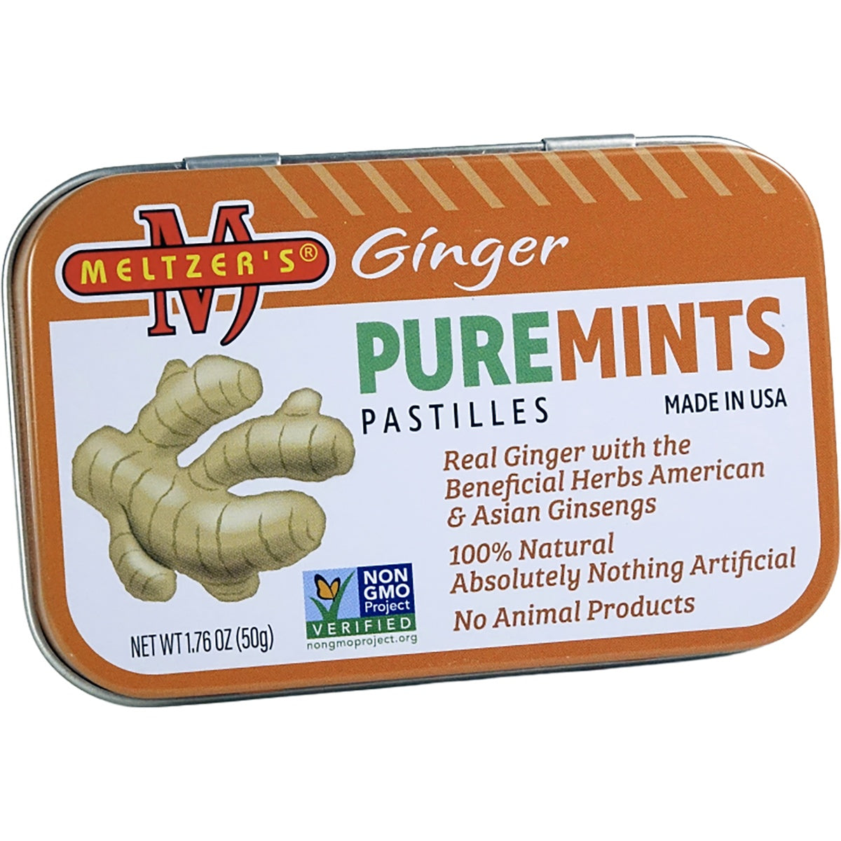 MLZ002 | tin of Meltzer's Ginger Puremints pastilles with green leaves on orange label