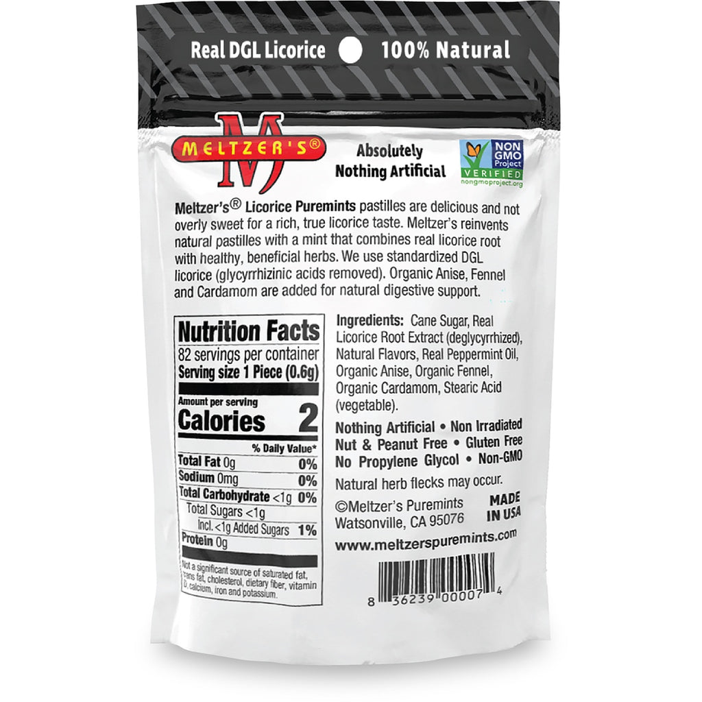 MLZ001 | back of white metal mint tin showing Nutrition Facts, ingredients list, Meltzer's Puremints branding and barcode - Thumbnail