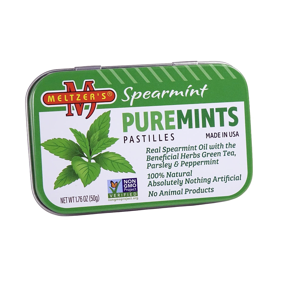 MLZ003 |Small rectangular green tin of Puremints spearmint pastilles with mint leaf graphics and Meltzer's logo
