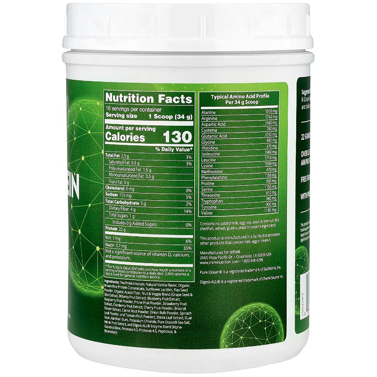 MRM017 | Back label showing Nutrition Facts, amino acid profile, and ingredients for a protein powder container