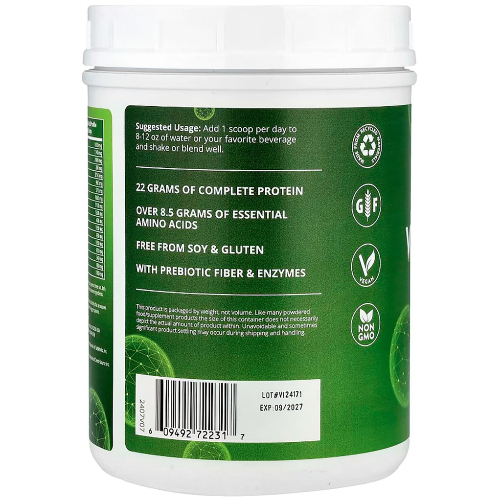 MRM017 | Back of green protein powder container with suggested usage, benefits, and certifications - Thumbnail