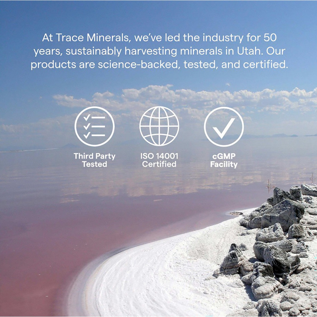 TM020 | Trace Minerals brand infographic showing third-party tested, ISO 14001 certified, and cGMP facility