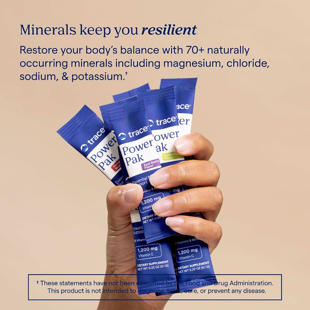 TM122 | Hand holds Trace Power Pak supplement packets with minerals keep you resilient text - Thumbnail