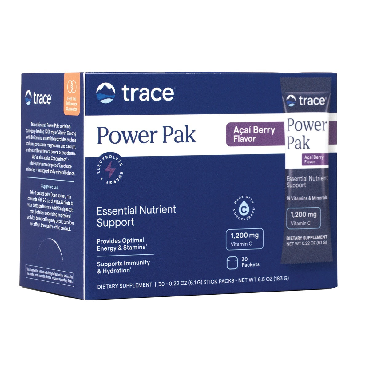 TM046 | Trace Power Pak, Açaí Berry Flavor electrolyte drink mix box, 1,200 mg Vitamin C, 30 packets